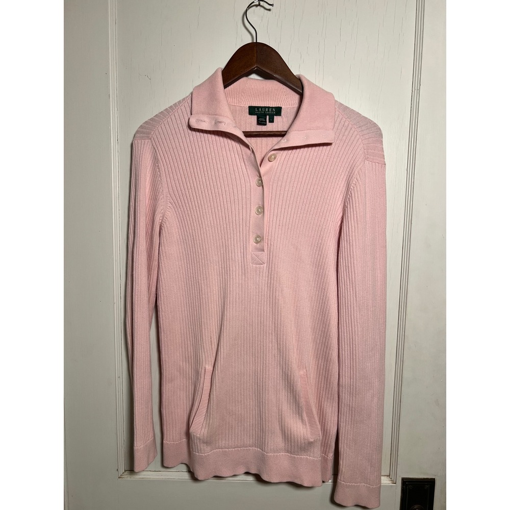 Lauren Ralph Lauren Ribbed Knit Collared Henley Sweater L‎ – Pink Long Sleeve